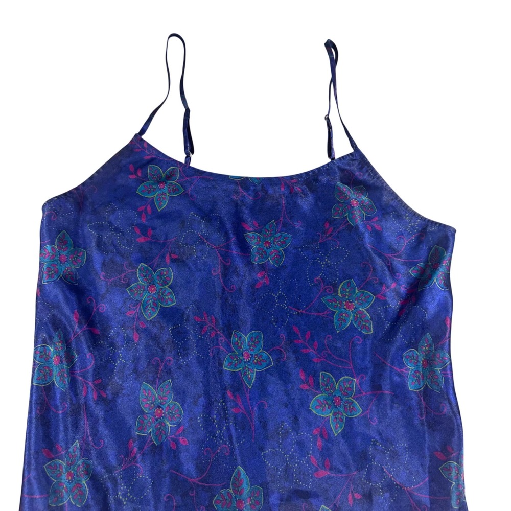 Valerie Stevens Blue Floral Silk Blend Satin Maxi Nightgown Slip Dress Medium